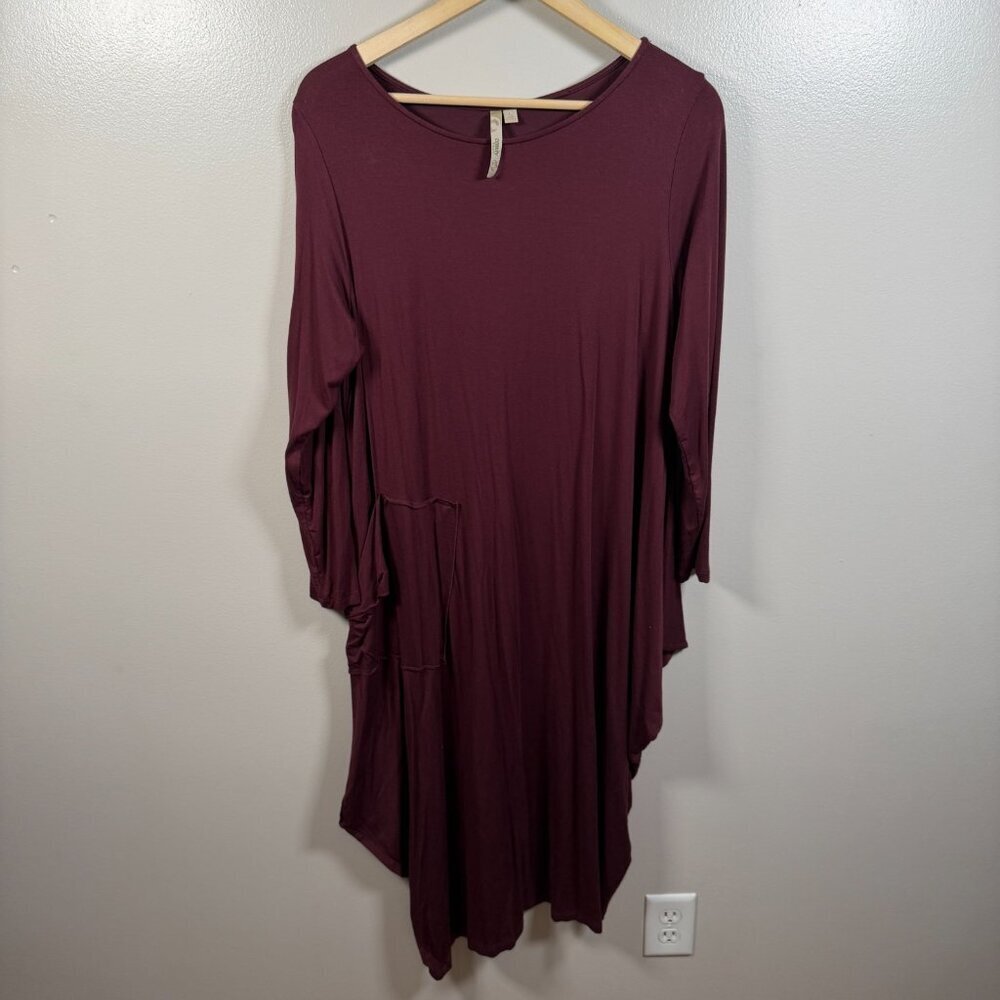 Comfy USA Asymmetric Dress Size Large Burgundy Lagenlook Minimal Artsy